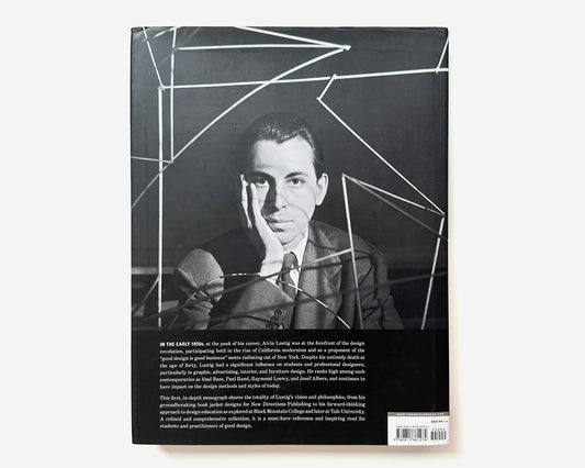 Book cover with a black and white portrait of Alvin Lustig and geometric design elements.