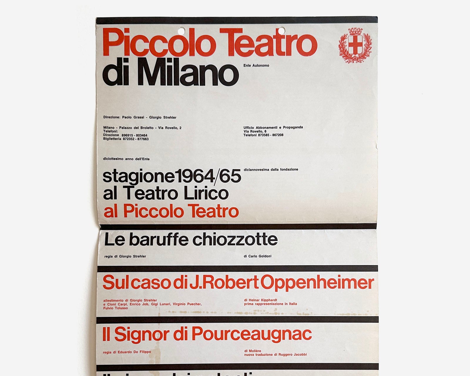 Piccolo Teatro di Milano, 1964 Playbill [Massimo Vignelli, Rare Poster]