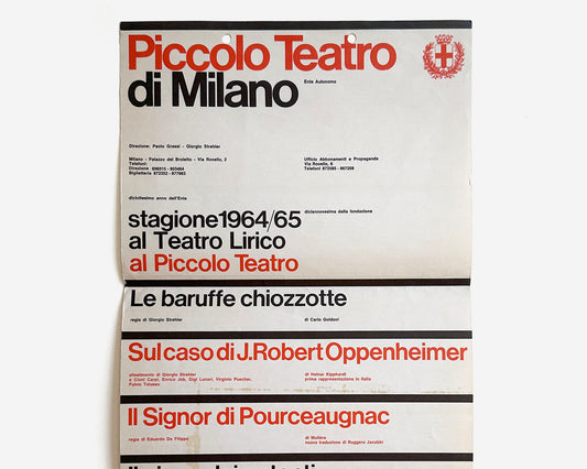 Piccolo Teatro di Milano, 1964 Playbill [Massimo Vignelli, Rare Poster]