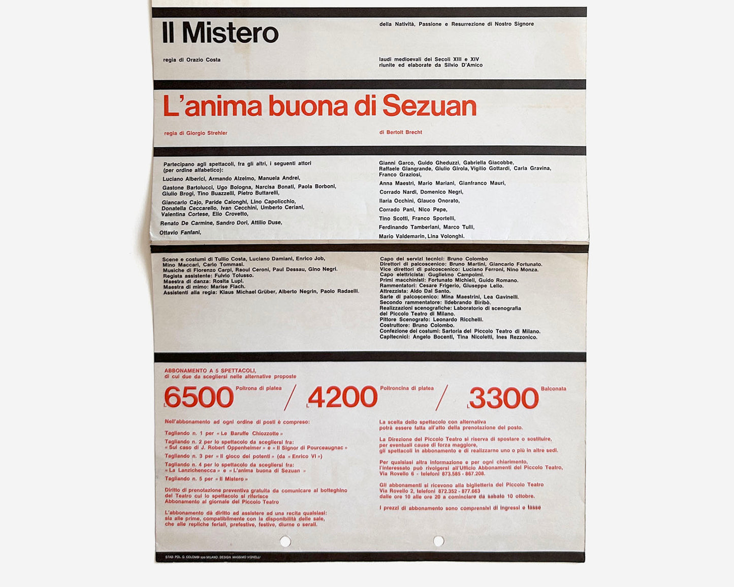 Piccolo Teatro di Milano, 1964 Playbill [Massimo Vignelli, Rare Poster]