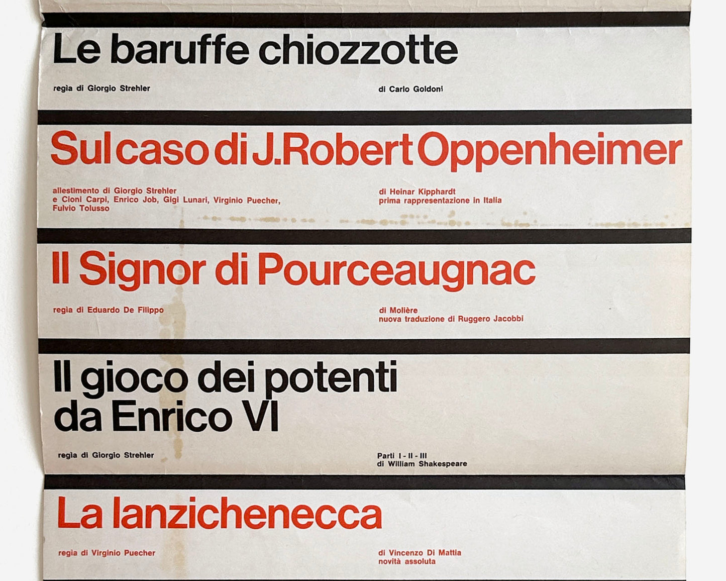 Piccolo Teatro di Milano, 1964 Playbill [Massimo Vignelli, Rare Poster]