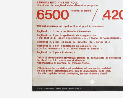 Piccolo Teatro di Milano, 1964 Playbill [Massimo Vignelli, Rare Poster]