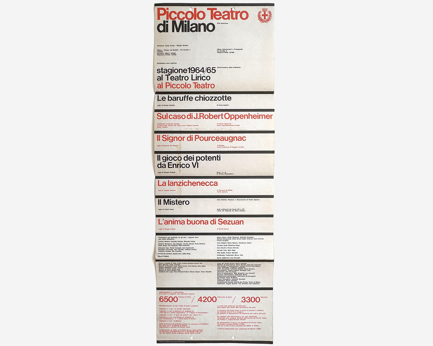 Piccolo Teatro di Milano, 1964 Playbill [Massimo Vignelli, Rare Poster]