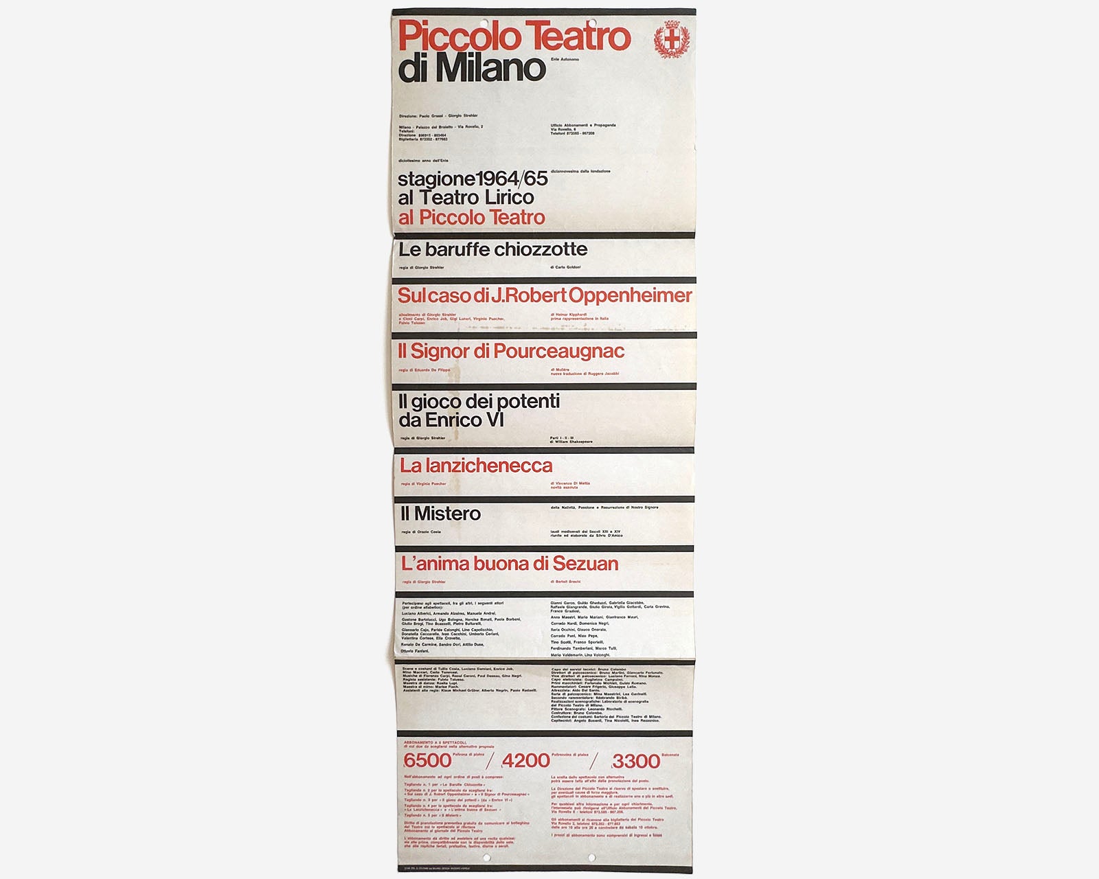 Piccolo Teatro di Milano, 1964 Playbill [Massimo Vignelli, Rare Poster]