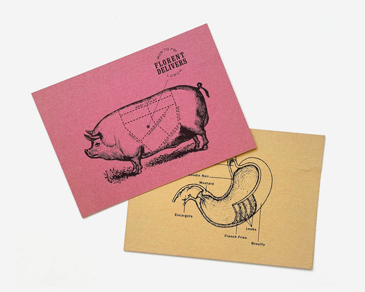 (2) Promotional Postcards for Restaurant Florent [Tibor Kalman, Douglas Riccardi]
