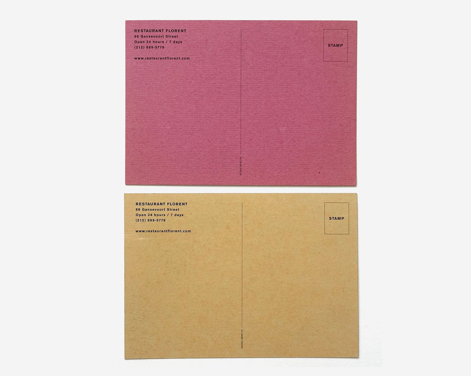 (2) Promotional Postcards, Restaurant Florent, New York City [Tibor Kalman, Douglas Riccardi]
