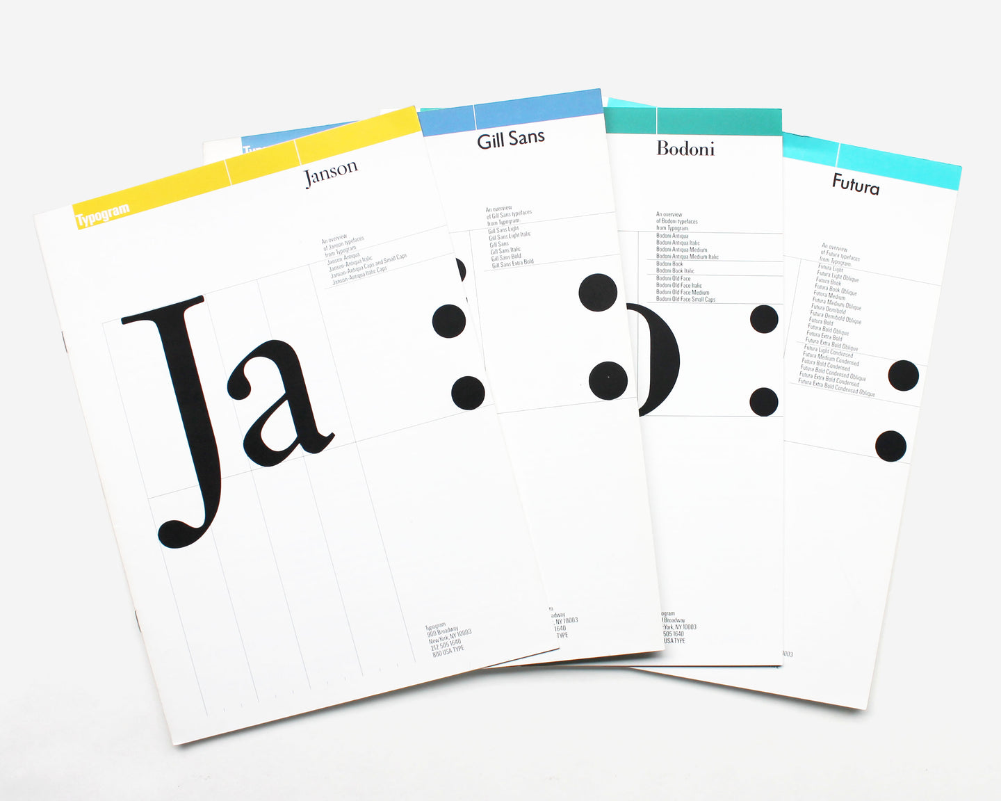 Typogram Type Specimens: Futura, Gill Sans, Janson, Bodoni [Willi Kunz]